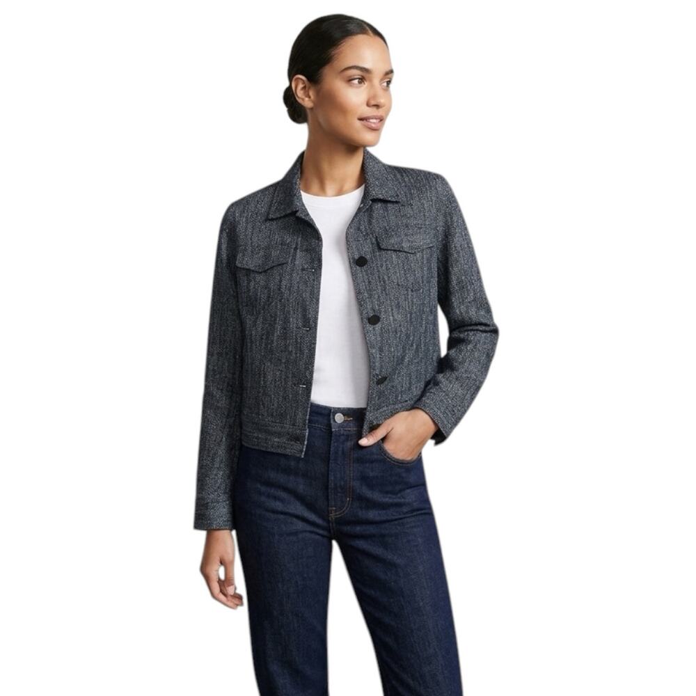 Theory Trucker Jacket Cropped Linen Blend  Herringbone Mélange Navy Medium